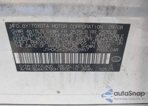 2009 Lexus Is 250 z USA, uszkodzony, nr VIN JTHCK262395029857